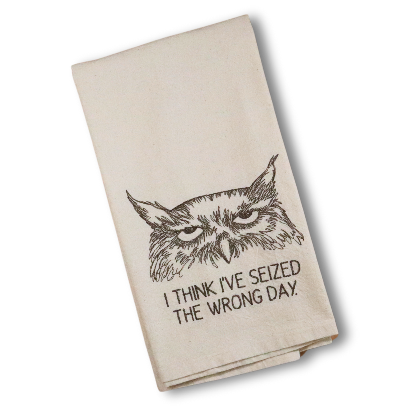 Grumpy Owl * I Think I’ve Seized the Wrong Day * Embroidered Hand Towel