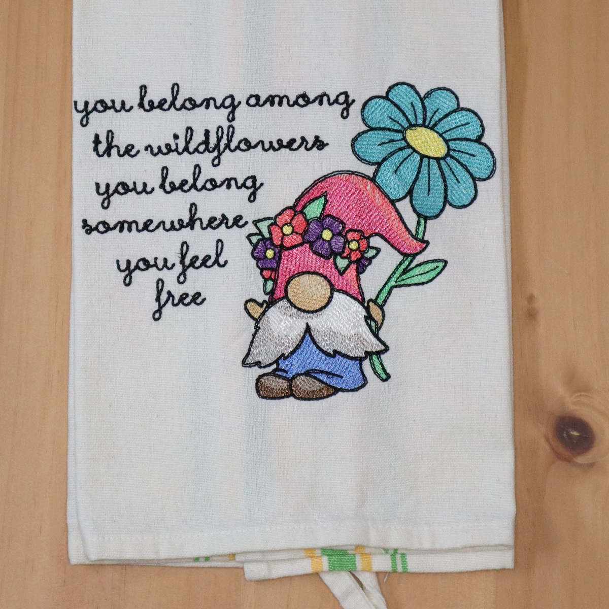 Gnome Towel, Wildflowers Embroidered Hand Towel