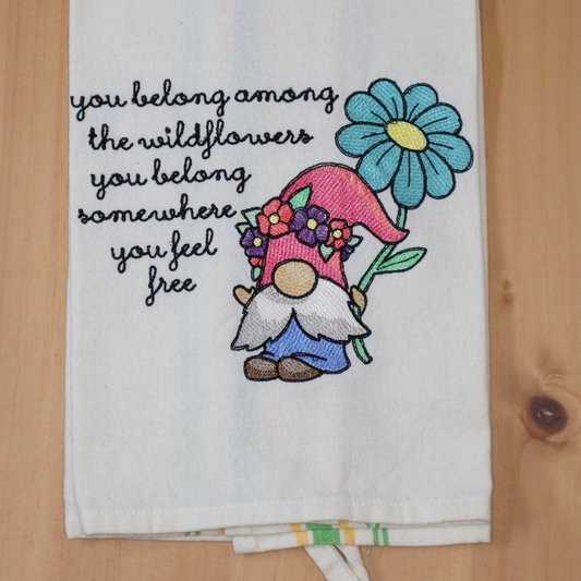 Gnome Towel, Wildflowers Embroidered Hand Towel