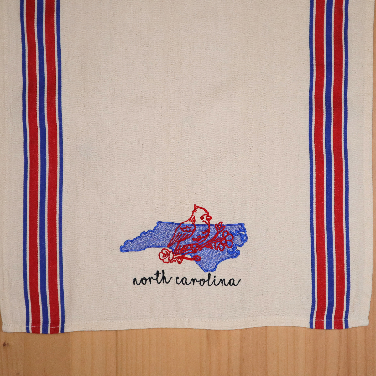 North Carolina Cardinal Kitchen Towel – Embroidered State Outline with Red & Blue Americana Stripes