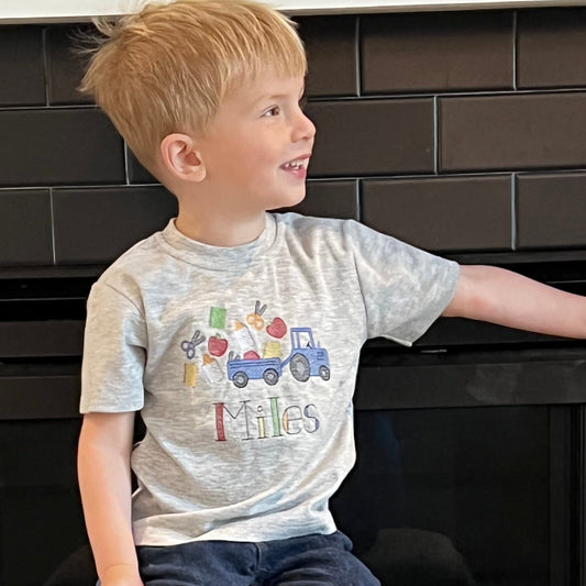 Back to School Tractor Shirt – Sketch Style Embroidered Tee for Kids