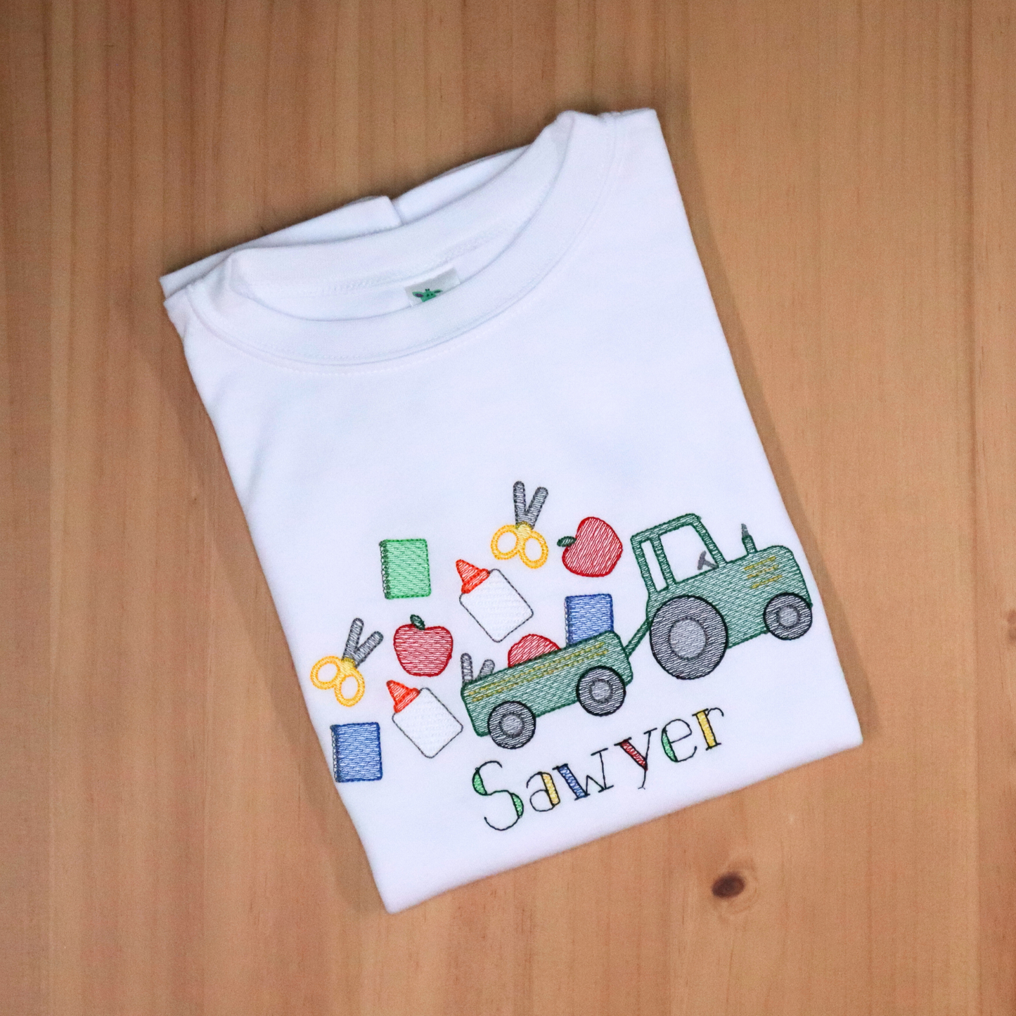 Back to School Tractor Shirt – Sketch Style Embroidered Tee for Kids