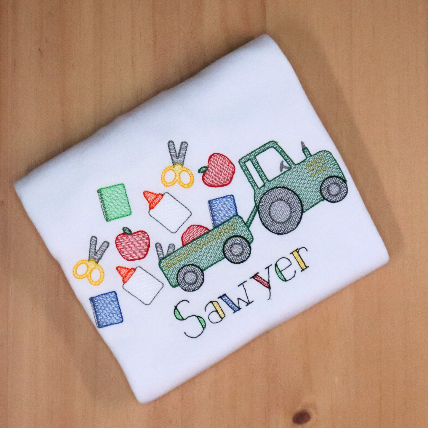Back to School Tractor Shirt – Sketch Style Embroidered Tee for Kids