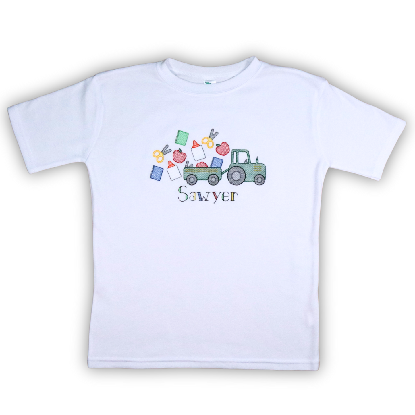 Back to School Tractor Shirt – Sketch Style Embroidered Tee for Kids