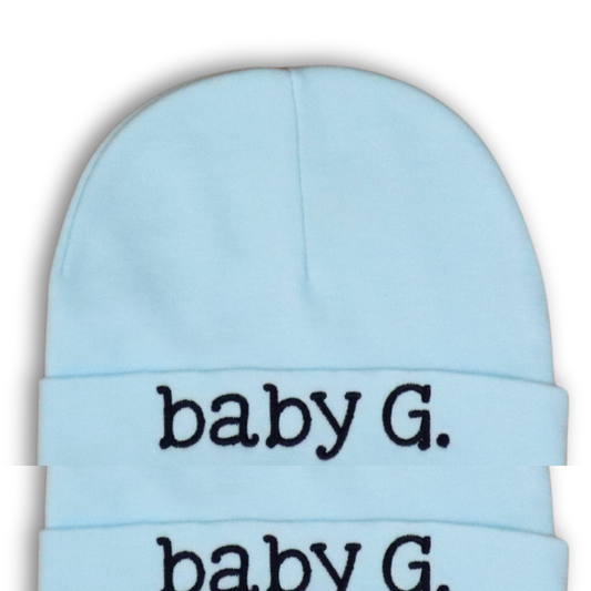 Blue Baby Hat, 0-6months with "Hello World" embroidered