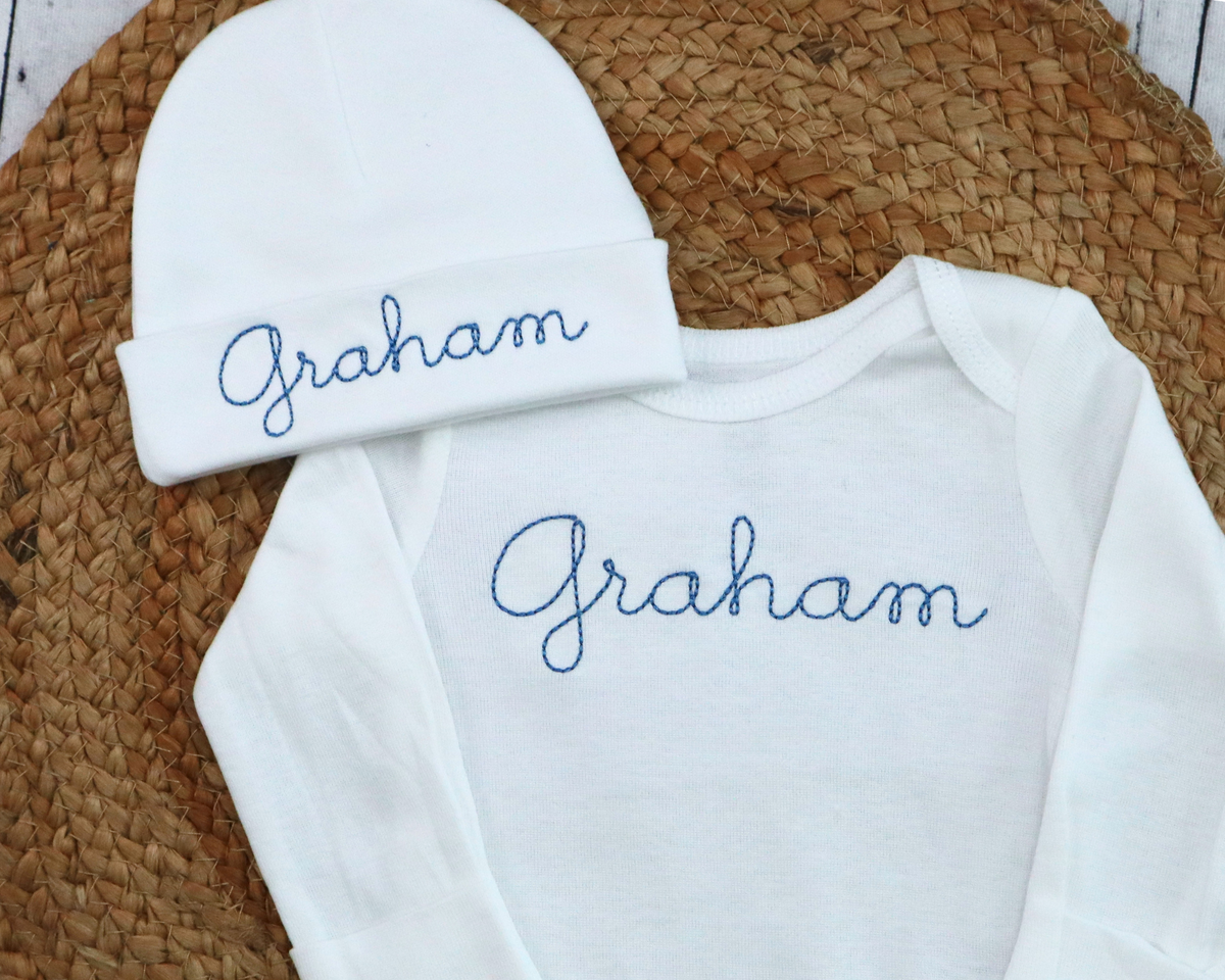 Classic Hand Stitch Style Embroidered Onesie and Hat