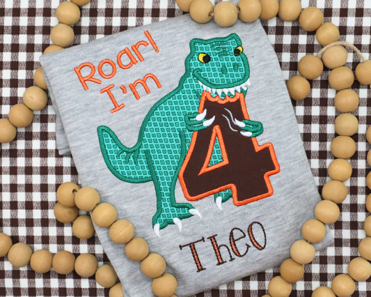 Roar! I'm 4! Dinosaur Applique Birthday Shirt