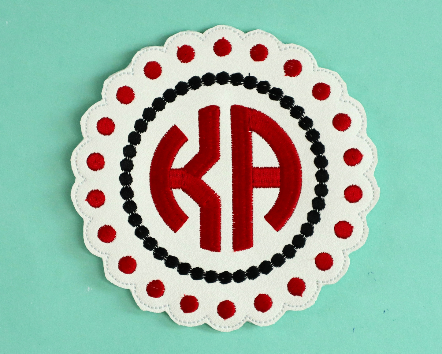 Custom Embroidered Coasters, 2-letter Polka Dota Mono, navy and blue