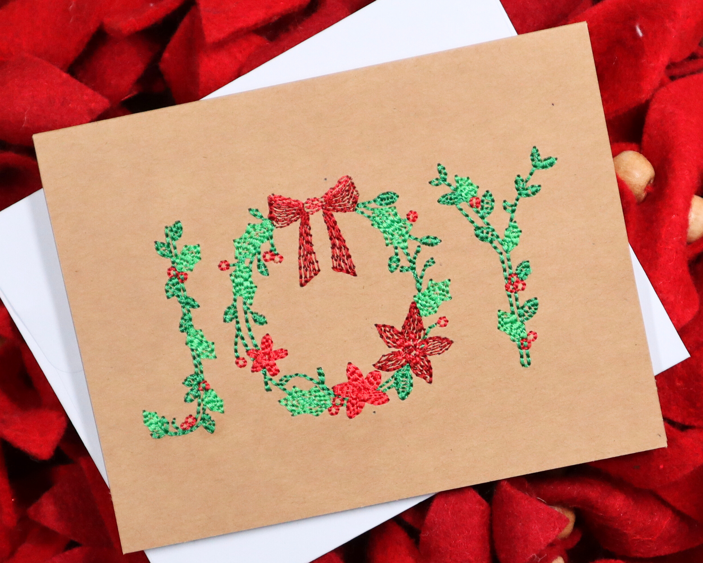 JOY wreath * Embroidered Greeting Card