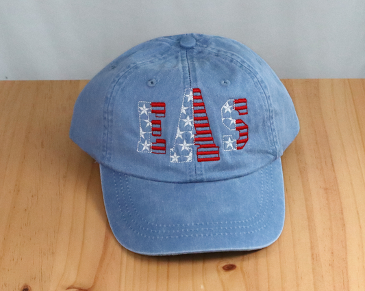 Patriotic Monogram Embroidered Hat, blue hat with USA flag accents