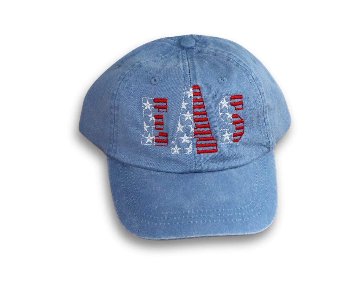 Patriotic Monogram Embroidered Hat, blue hat with USA flag accents
