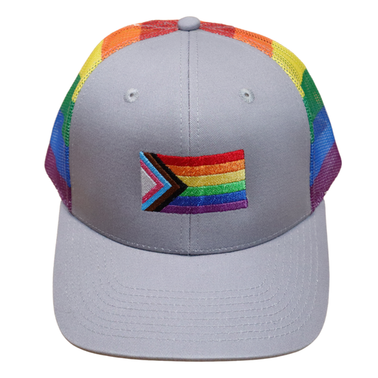 Front view of a gray structured hat with a waving Progress Pride flag embroidered on the center front panel