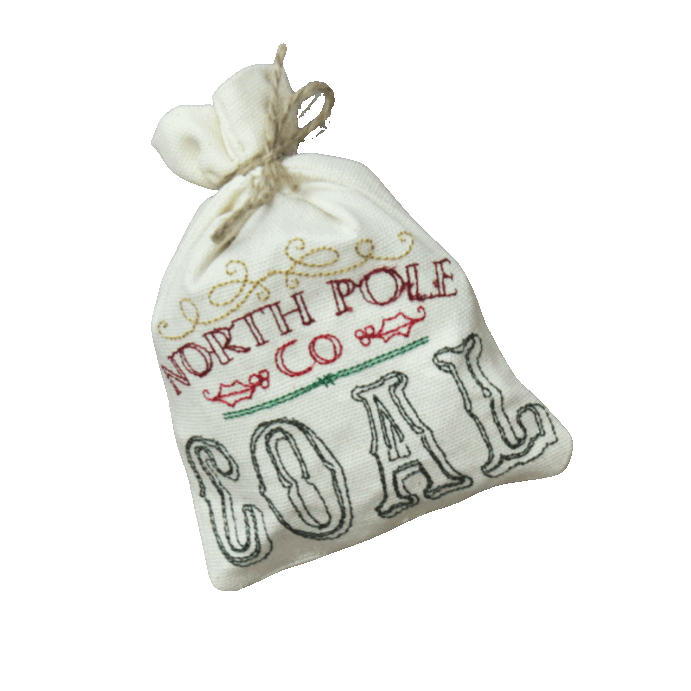 North Pole Co. Coal embroidered gift bag with chocolate coal, by Stitched by Tempa
