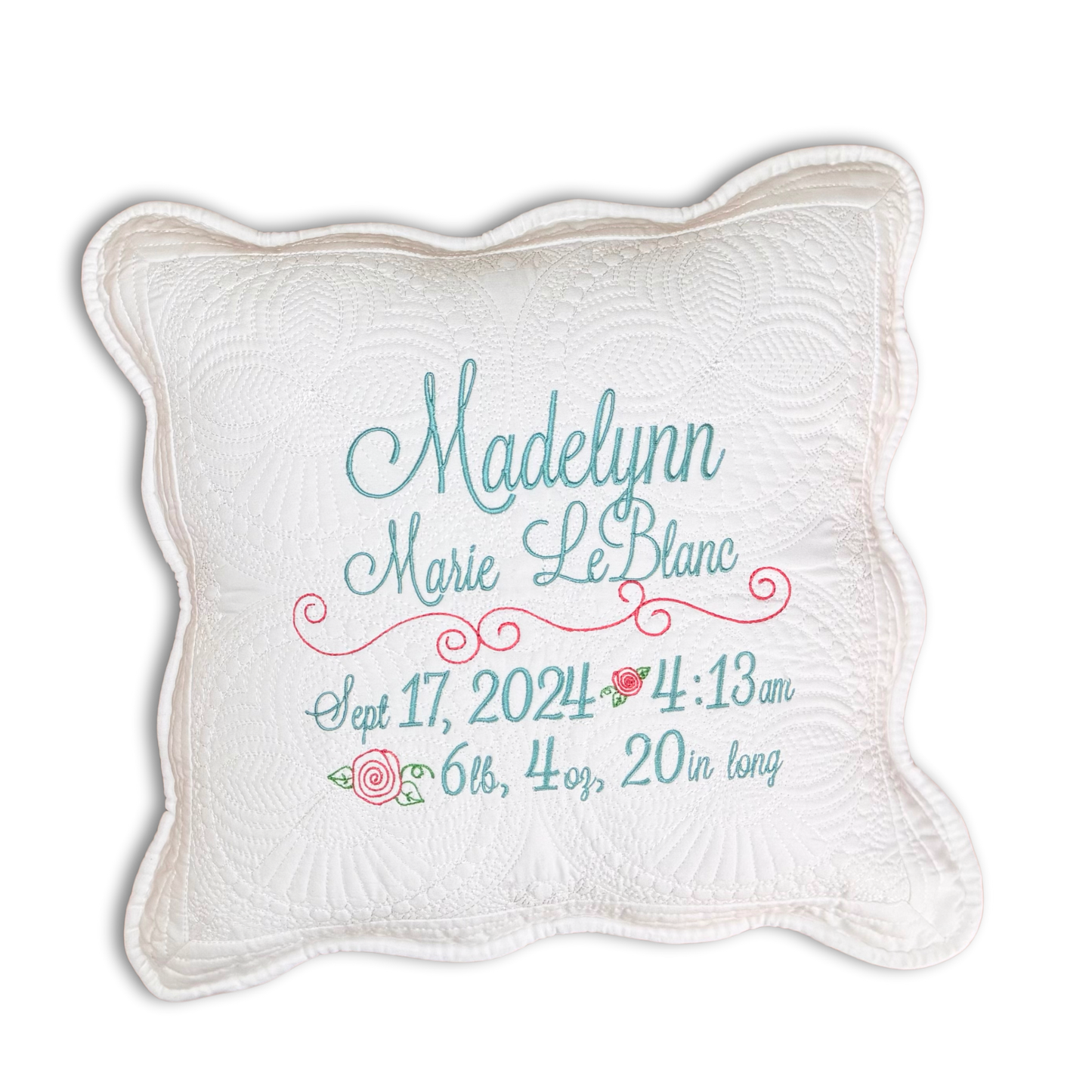 Heirloom Pillow with Birth Stats, Roses, White