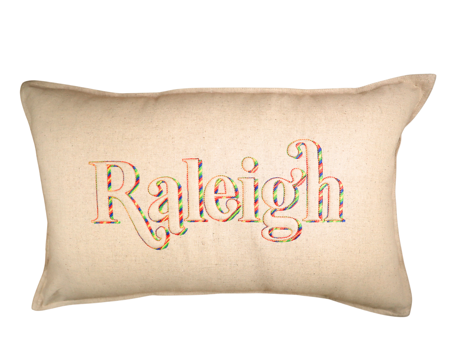 Raleigh Trapunto *RETRO* Lumbar Pillow * Tan Linen with Rainbow thread * North Carolina * 3D lettering