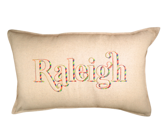 Raleigh Trapunto *RETRO* Lumbar Pillow * Tan Linen with Rainbow thread * North Carolina * 3D lettering