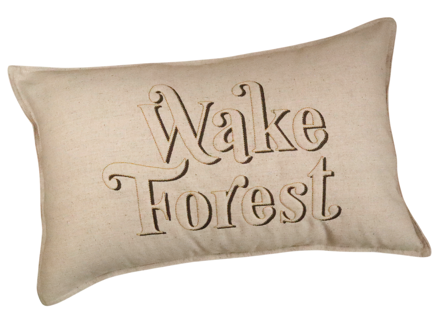 Wake Forest Trapunto *RETRO* Lumbar Pillow * Tan Linen with Brown thread * North Carolina * 3D lettering