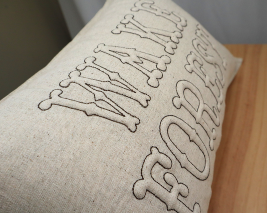 Wake Forest Trapunto *HOWDY* Lumbar Pillow * Tan Linen with Brown thread * North Carolina * 3D lettering