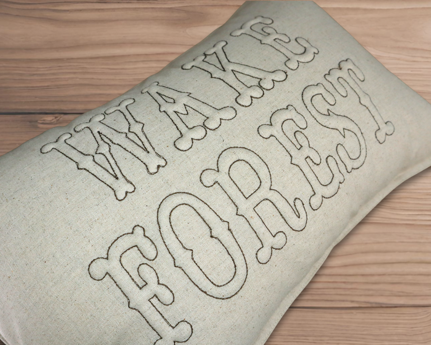 Wake Forest Trapunto *HOWDY* Lumbar Pillow * Tan Linen with Brown thread * North Carolina * 3D lettering