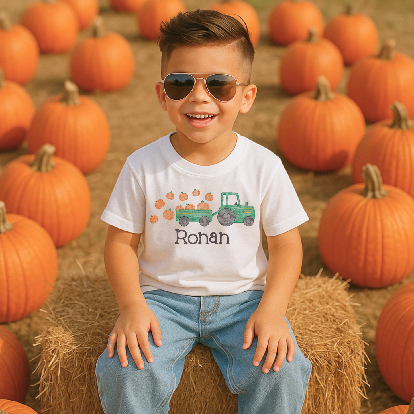Tractor 'n Pumpkins Embroidered T-Shirt