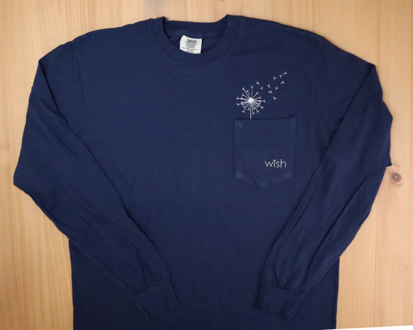 Catch the Breeze – “Wish” Dandelion Embroidered Pocket Tee Shirt, Short or Long Sleeve