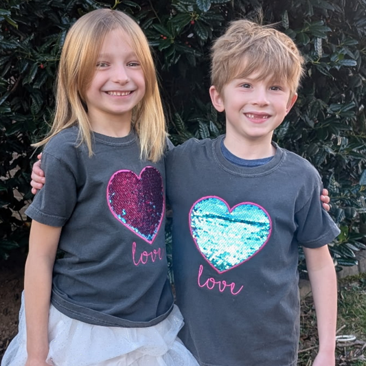 Sweet Kids' Valentine’s Shirt – Heart Embroidered Applique with Flippy Sequins, Youth Size