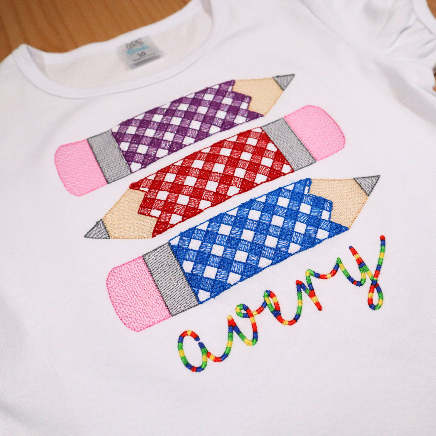 Gingham Pencils Embroidered Shirt – Back to School Tee for Kids