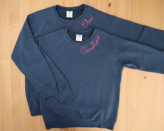 Youth Sweatshirt with hand-embroidered-style cursive on Collar
