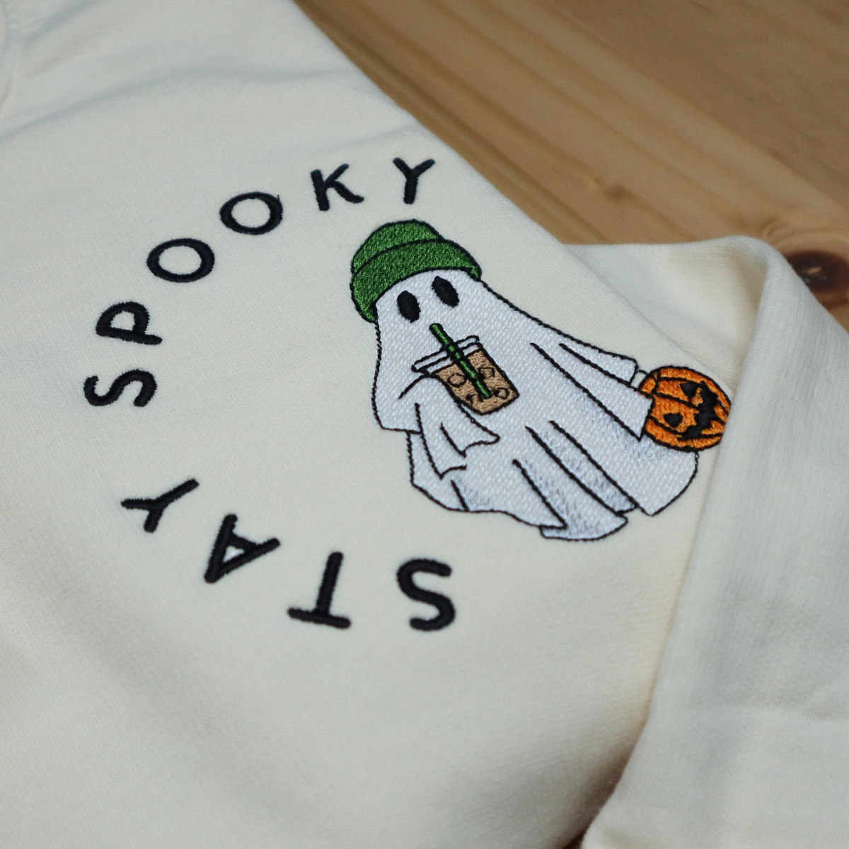 Ghost with Iced Coffee and Pumpkin on Sweatshirt (Comfort Colors Ivory)