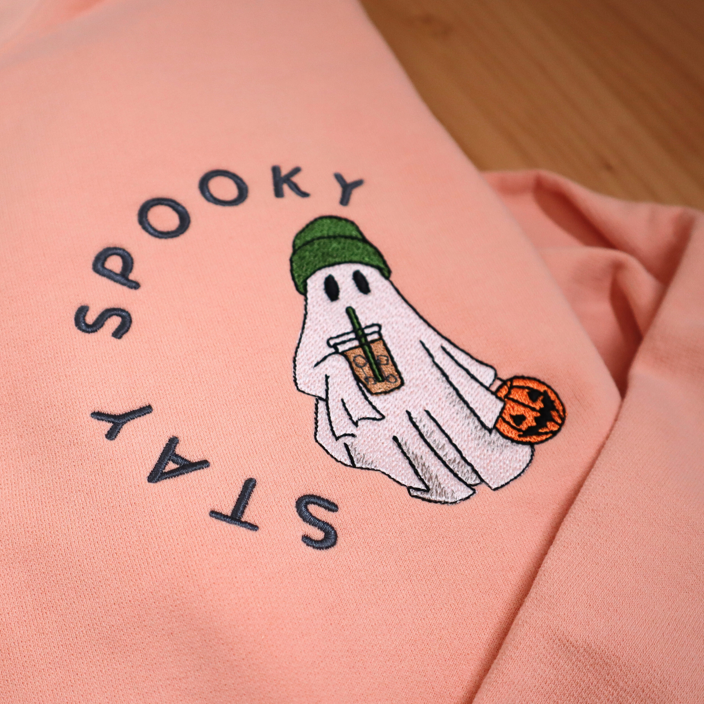 Ghost with Iced Coffee and Pumpkin on Sweatshirt (Comfort Colors Peach)