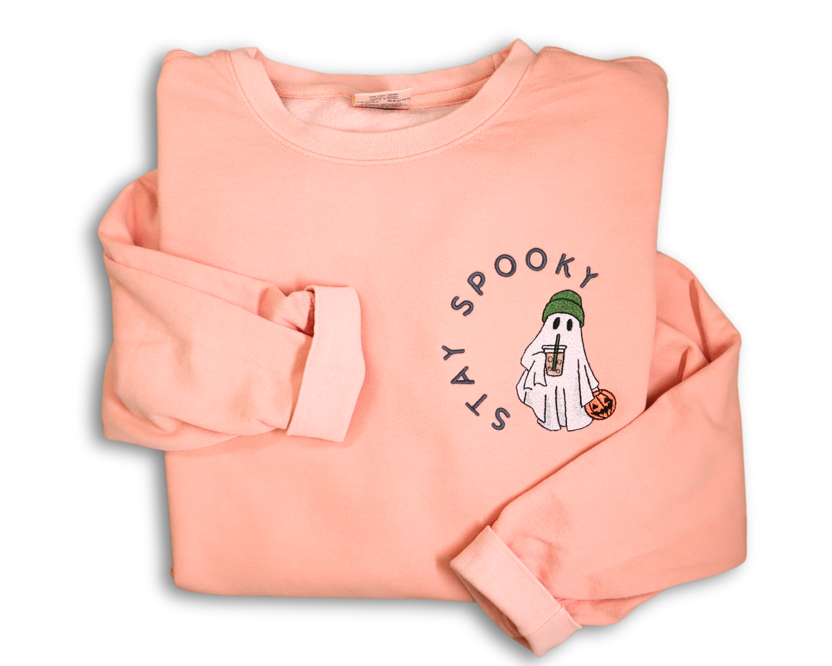 Ghost with Iced Coffee and Pumpkin on Sweatshirt (Comfort Colors Peach)
