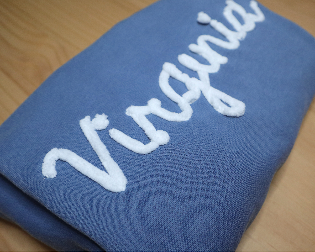 Custom Yarn Embroidery Sweatshirt (Blue Jean "Virginia")