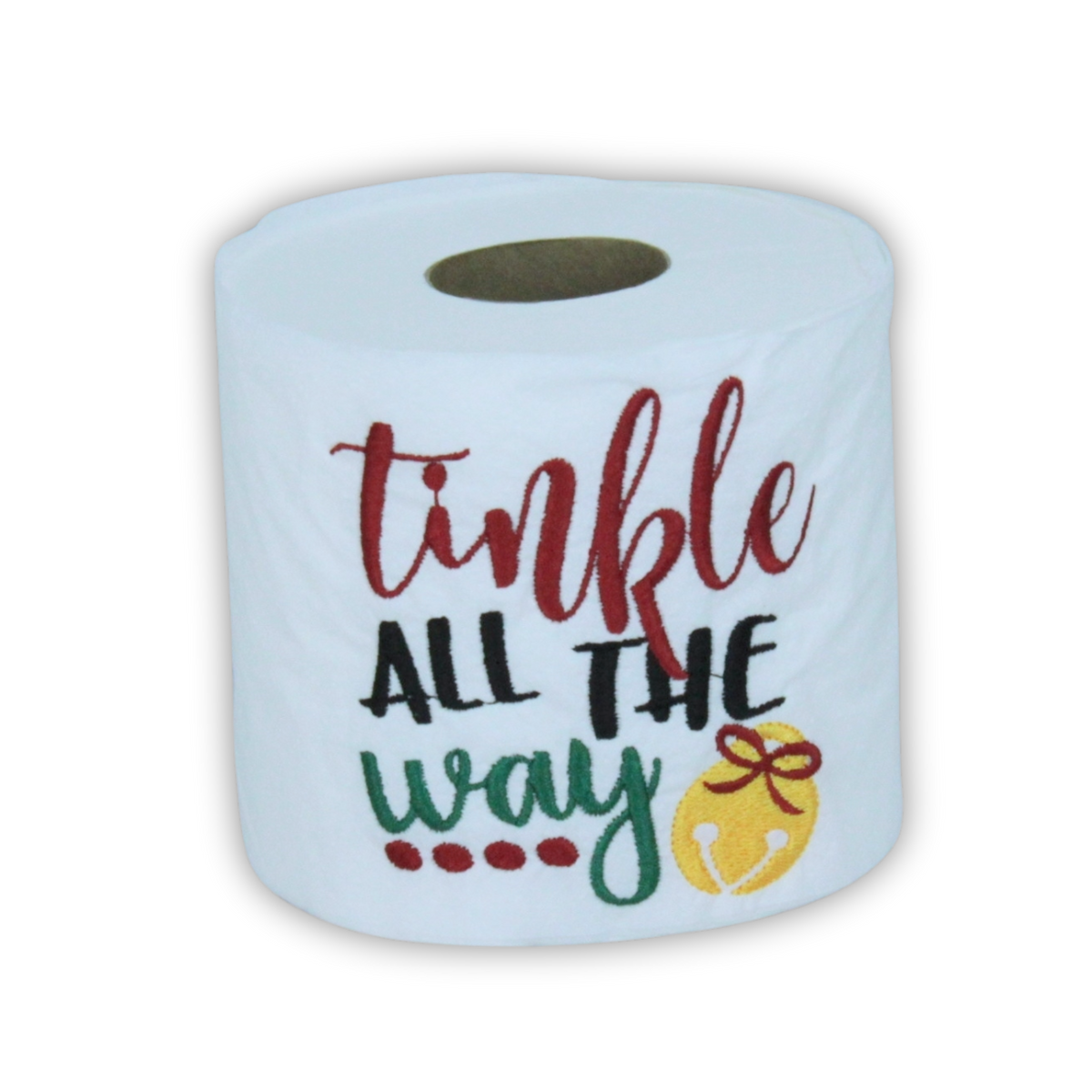 Embroidered toilet paper roll reading tinkle all the way with a jingle bell, by Stitched by Tempa