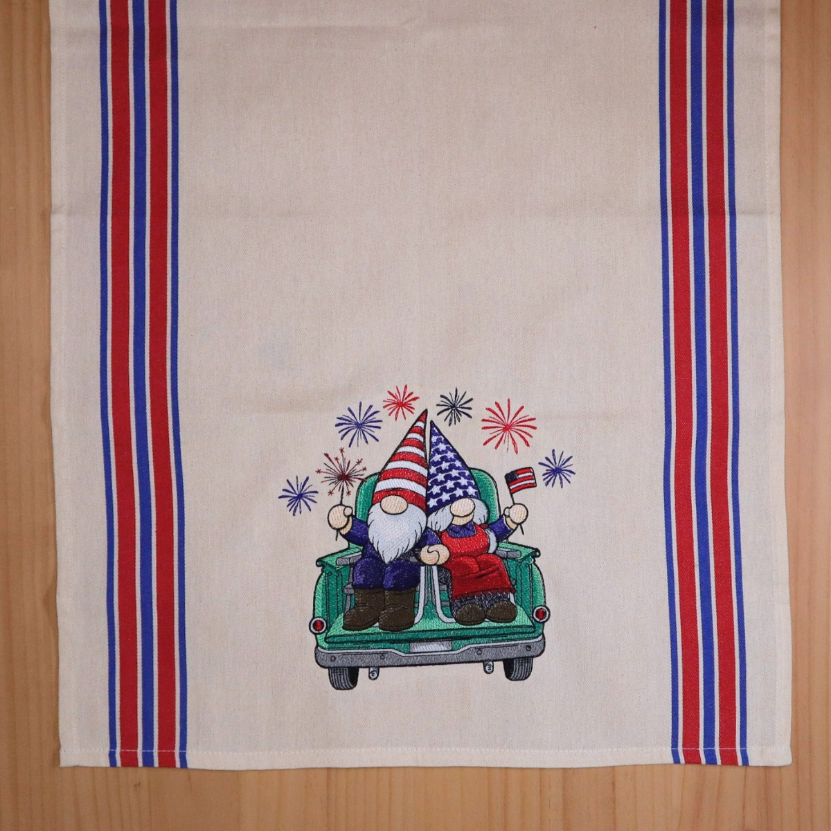 Americana Gnomes * 4th of July Embroidered Kitchen Towel * Red White Blue Stripes