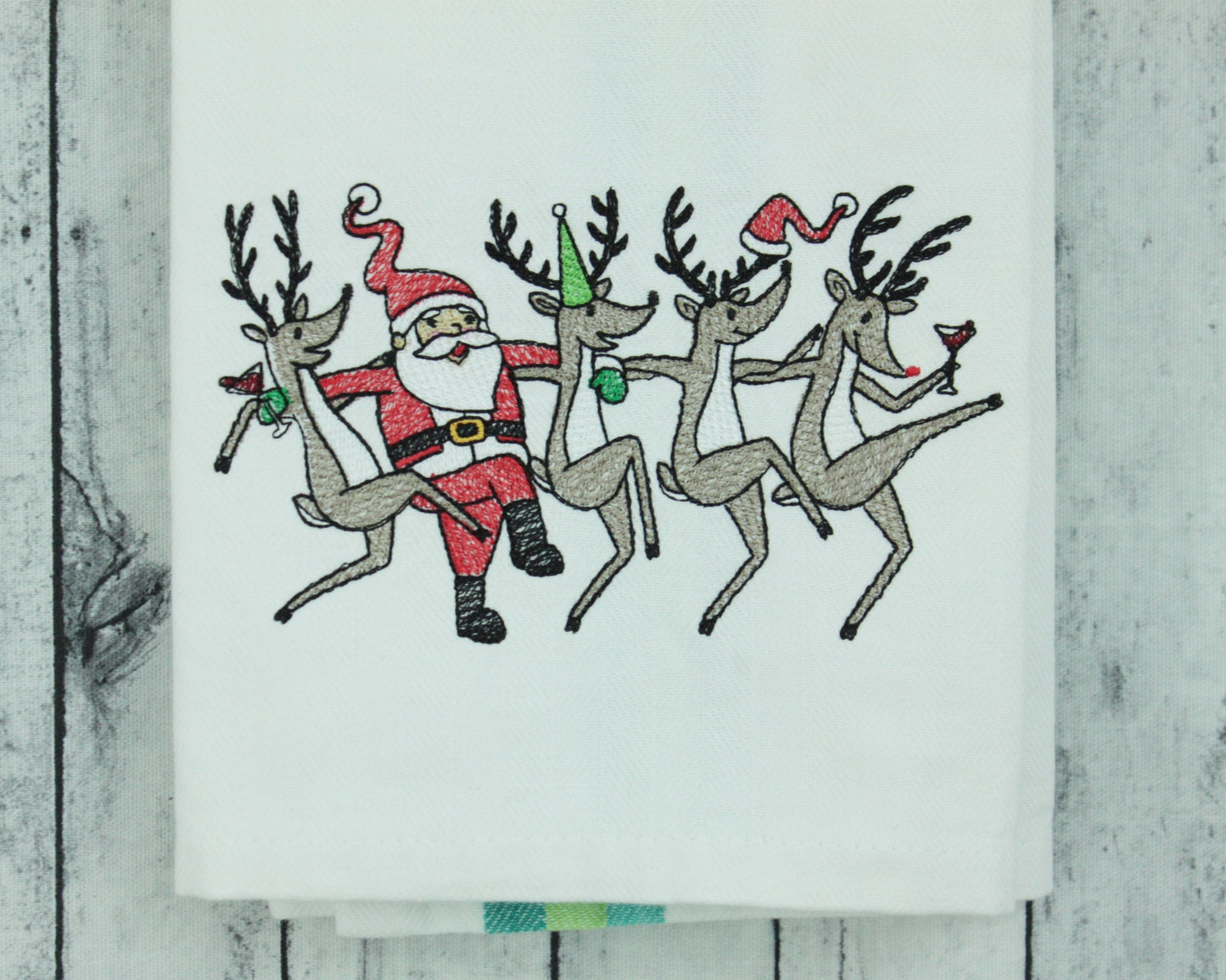 Embroidered Hand towel * Santa Can-Can with Reindeer, Rudolph