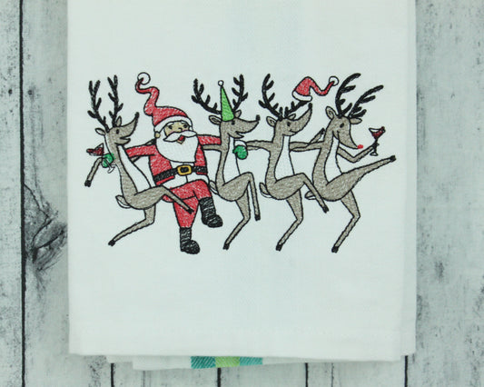 Embroidered Hand towel * Santa Can-Can with Reindeer, Rudolph