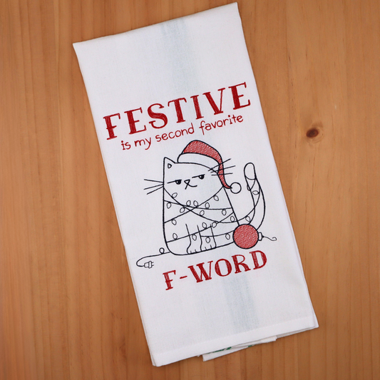 Angry Cat “FESTIVE” Embroidered Kitchen Towel