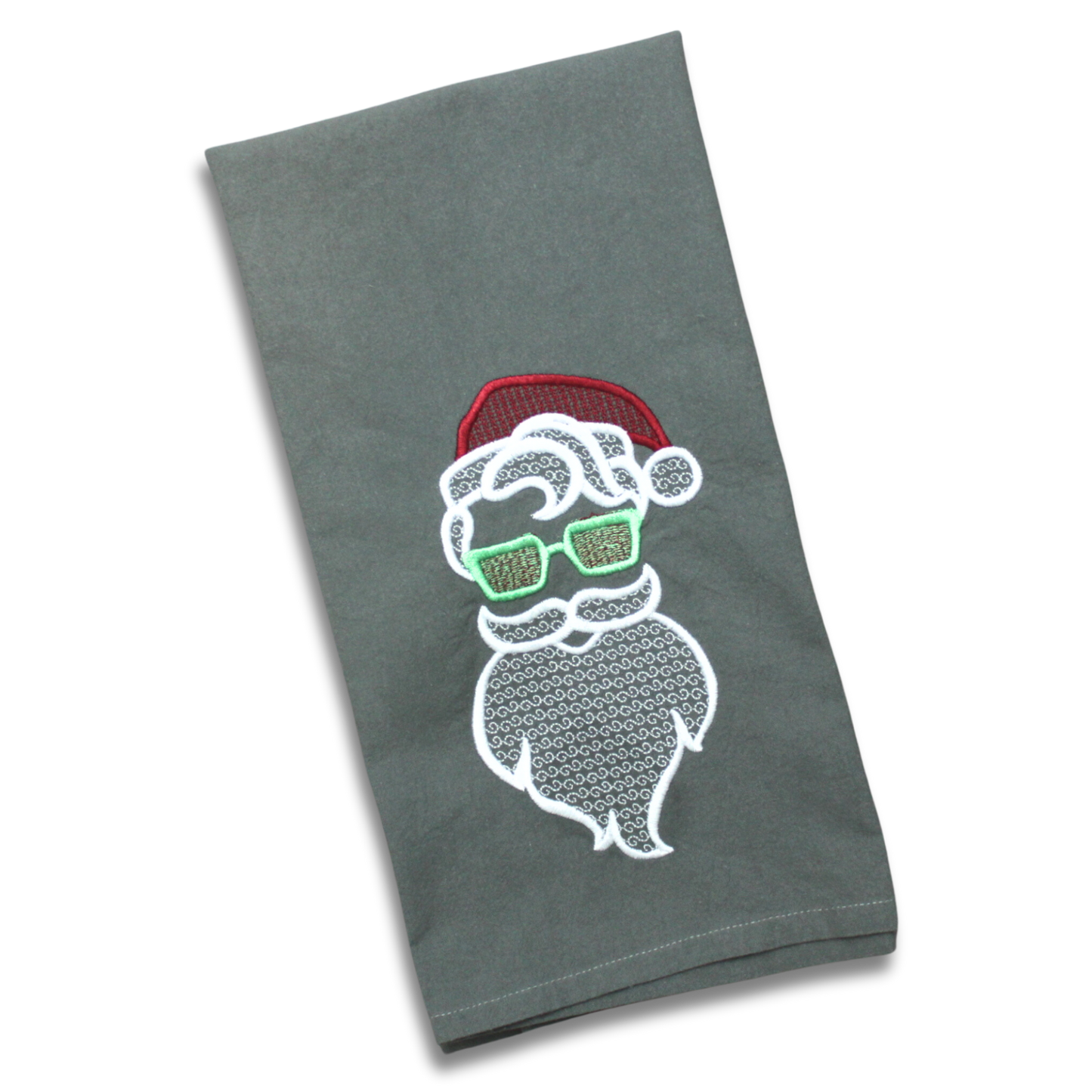 Gray flour sack towel embroidered with hipster Santa in green glasses, by Stitched by Tempa