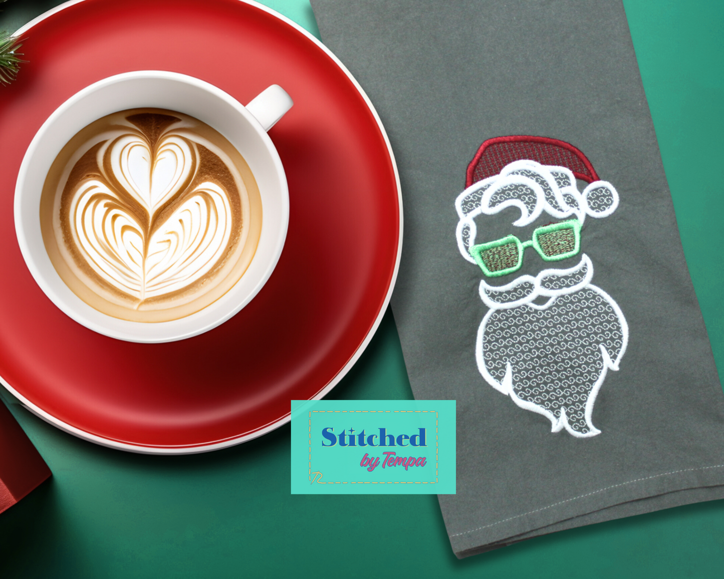 Hipster Santa embroidered towel styled with hot cocoa