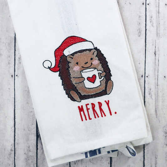 Embroidered Hand Towel * Merry Hedgehog with Hot Chocolate