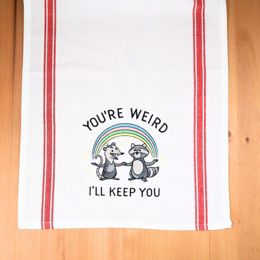 Keepin' It Weird Kitchen Towel – Racoon and Opossum Rainbow