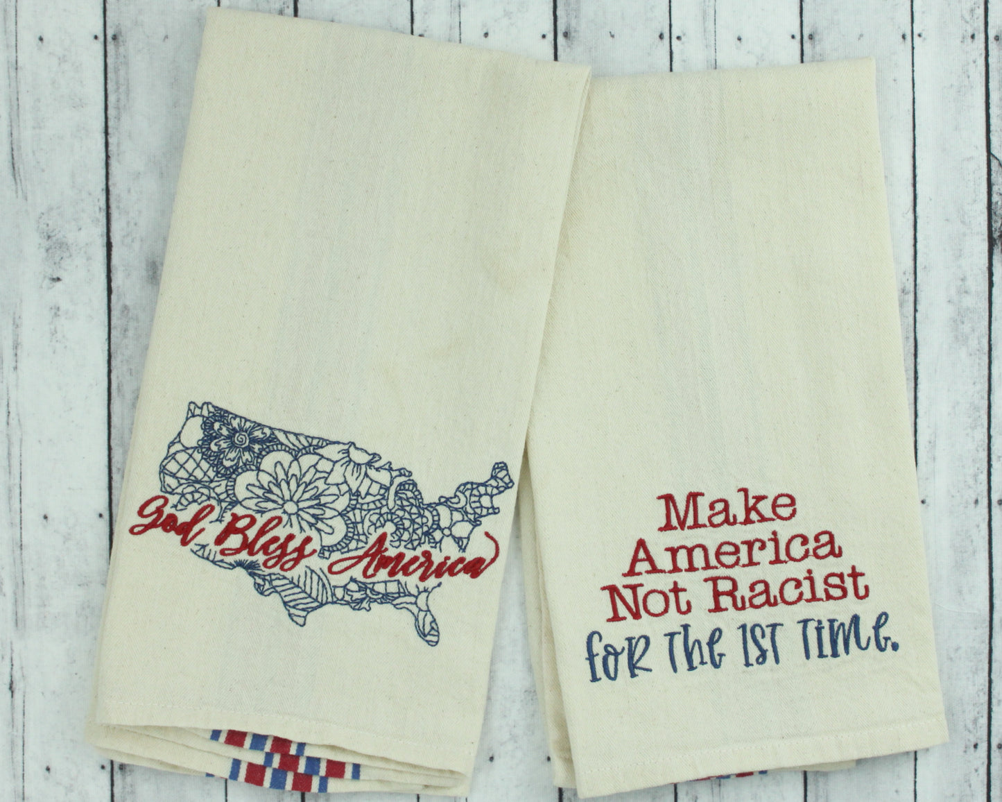 God Bless America · Floral USA Map · Embroidered Kitchen Towel · Red White Blue Stripes