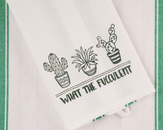 Playfully Profane Kitchen Towel – “What the Fucculent” Snarky Succulent Hand Towel for Plant Lovers