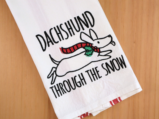 Dachsund Through the Snow * Embroidered Kitchen Towel