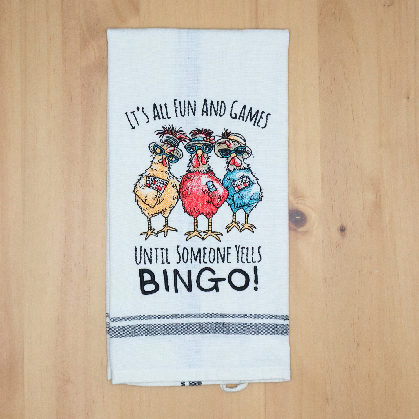 Chickens Playing Bingo Embroidered Kitchen Towel