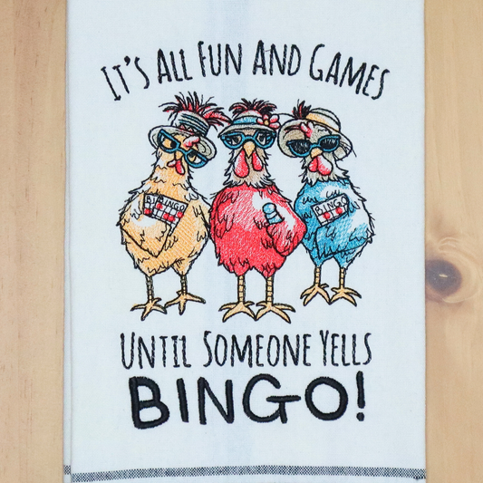 Chickens Playing Bingo Embroidered Kitchen Towel
