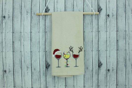 Embroidered Hand Towel * Holiday Wine Glasses