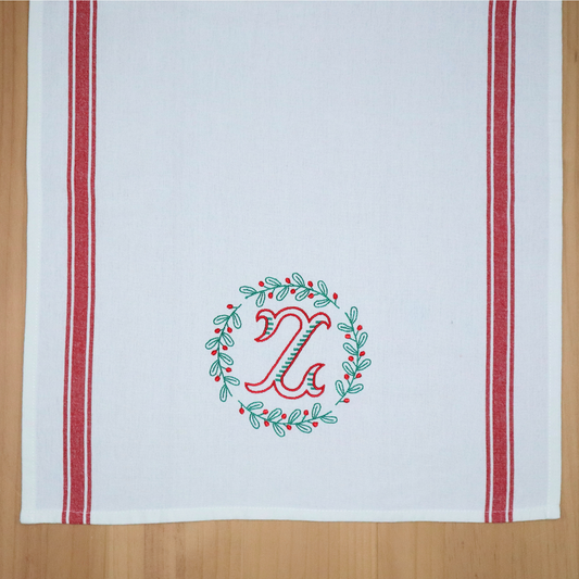 Monogrammed Christmas Towel, Holly Wreath Frame, Red and Green, Custom Gift