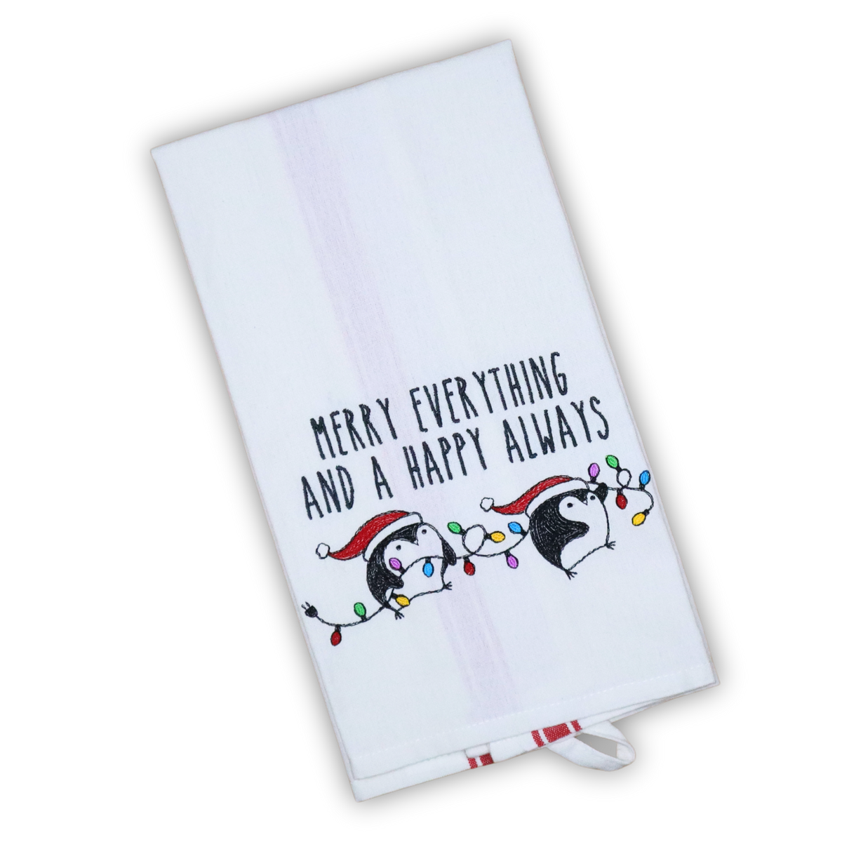 Merry everything and a happy always embroidered kitchen towel with two penguins in Santa hats holding string lights, by Stitched by Tempa
