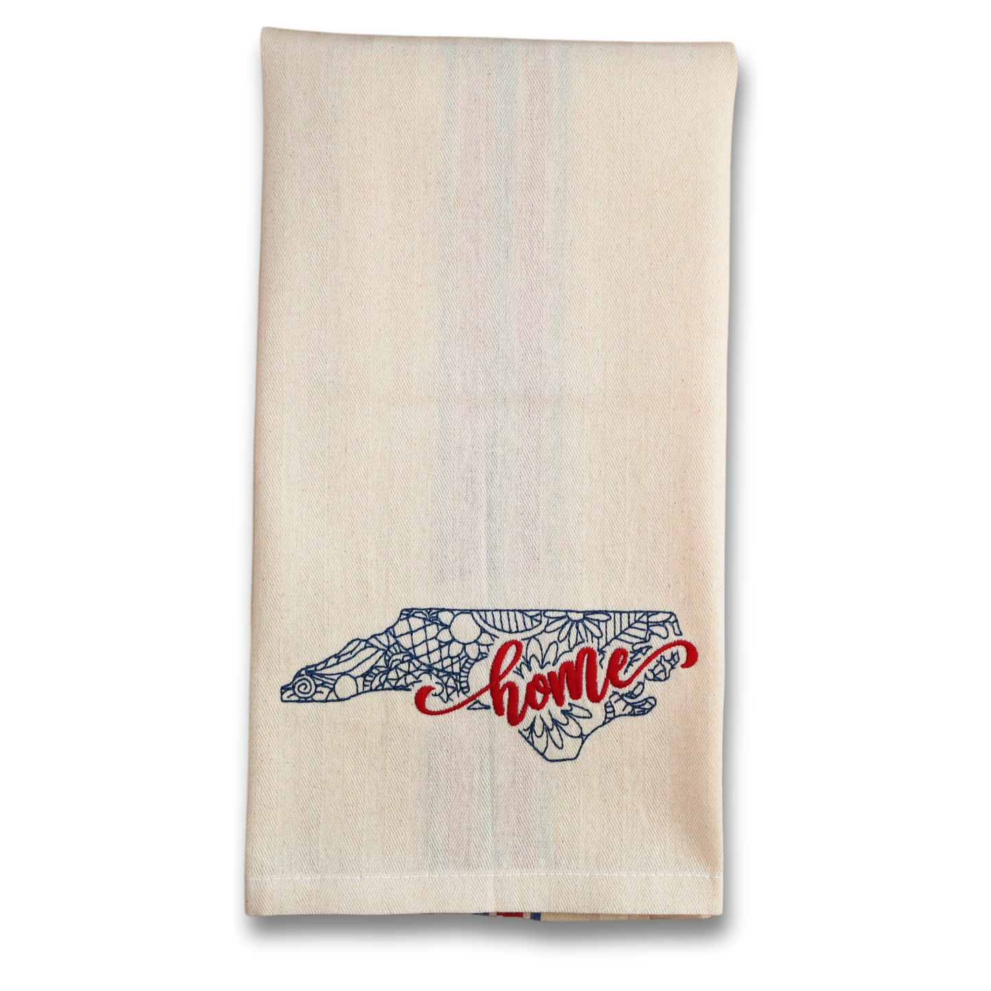 North Carolina Home Kitchen Towel – Embroidered Floral State Outline with Red & Blue Americana Stripes